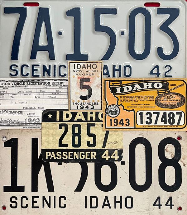 Collage of Idaho License Plates and Printed Material