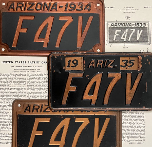 Collage of Arizona License Plate F47V and Printed Material